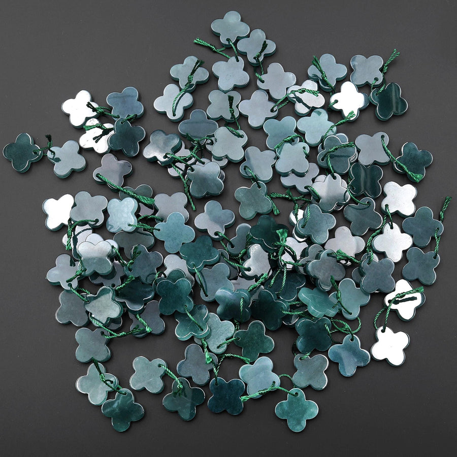 Hand Carved Natural Blue Green Guatemalan Jade 4 Four Leaf Clover Earrings 16mm Flower Matched Gemstone Bead Pair