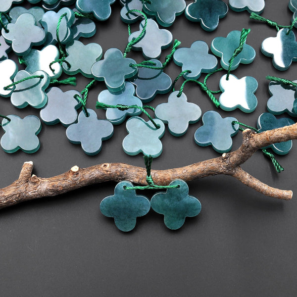 Hand Carved Natural Blue Green Guatemalan Jade 4 Four Leaf Clover Earrings 16mm Flower Matched Gemstone Bead Pair