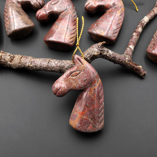 Hand Carved Natural Brown Red Orbicular Jasper Horse Head Pendant Side Drilled Gemstone Focal Bead