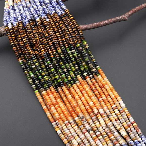 Multicolor Natural Gemstone 4mm Smooth Rondelle Beads Orange Aventurine Blue Sodalite Green Jade Yellow Lace Agate Tiger's Eye 15.5" Strand