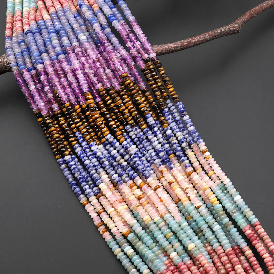 Multicolor Natural Gemstone 4mm Smooth Rondelle Beads Pink Rose Quartz Amazonite Rhodonite Amethyst Blue Sodalite Tiger's Eye 15.5" Strand
