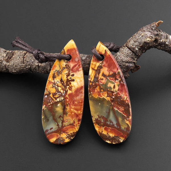 Hand Cut Natural Red Creek Jasper Smooth Flat Teardrop Earring Pendant Bead Pair Aka Multicolor Picasso Jasper A1