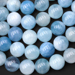 AAA Large Hole Beads 3mm Drill Natural Blue Aquamarine 16mm Round Beads 8" Strand