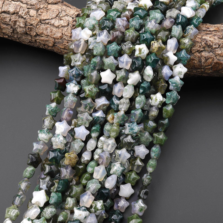 Natural Green Moss Agate Beads 10mm Puffy Star Gemstone 15.5" Strand