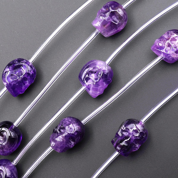 AAA Natural Purple Amethyst Hand Carved Skull Head Gemstone Crystal Beads