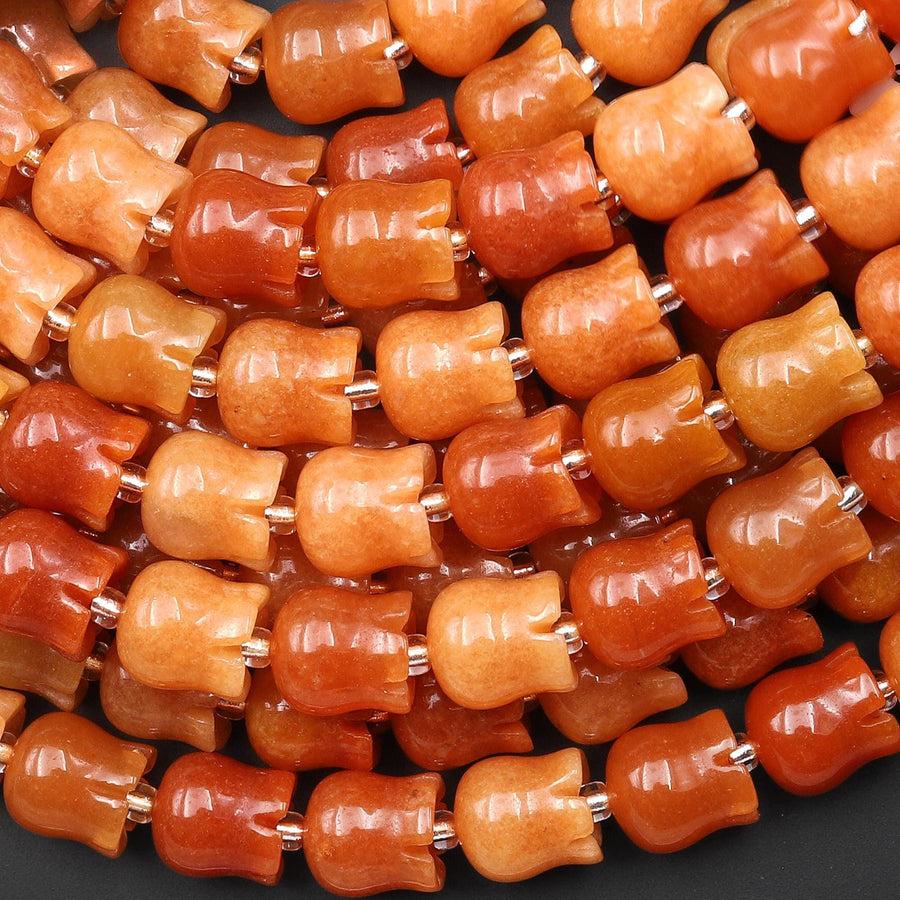 AAA Natural Red Orange Aventurine Hand Carved Tulip Flower 10mm Beads 7.5" Strand