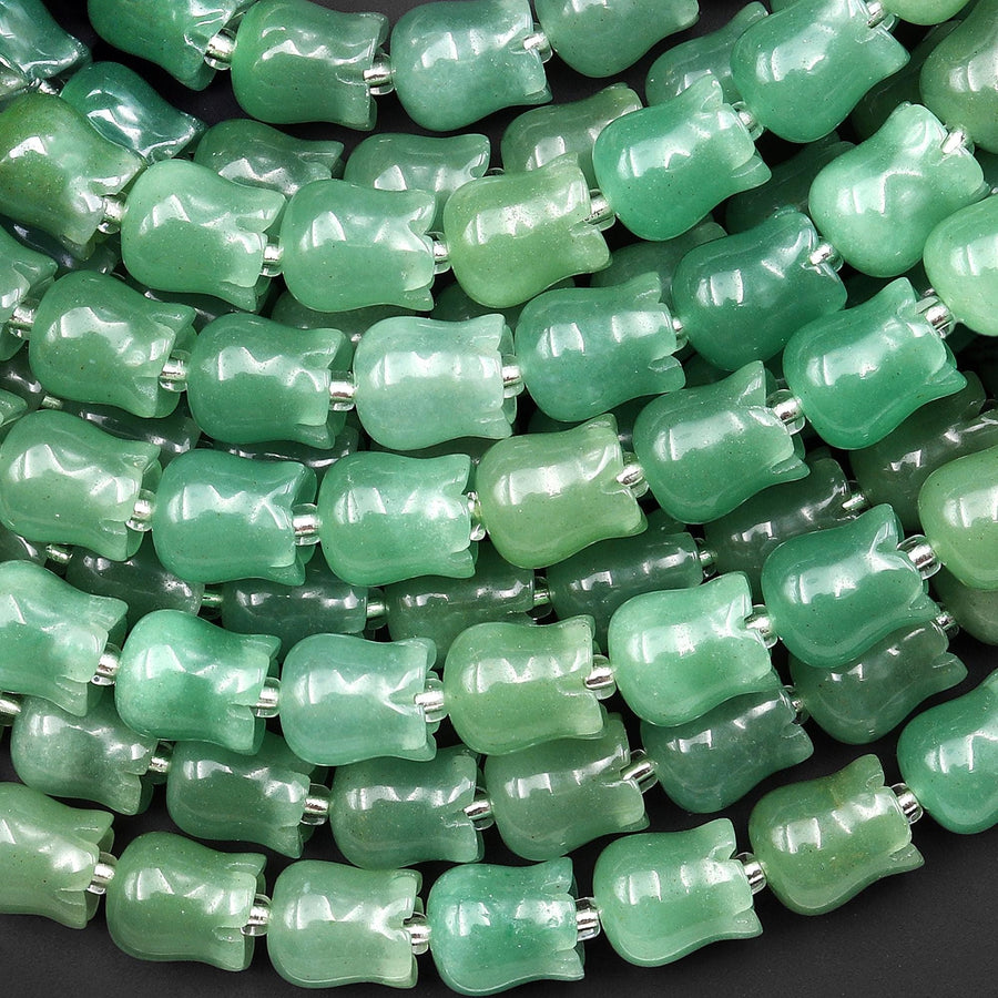 AAA Natural Green Aventurine Aventurine Hand Carved Tulip Flower 10mm Beads 7.5" Strand