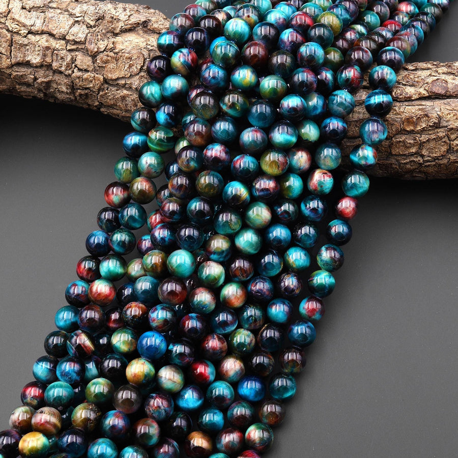 AAA Multicolor Rainbow Tiger's Eye 6mm 8mm 10mm Smooth Round Beads Aka Cosmic Tiger's Eye 15.5" Strand
