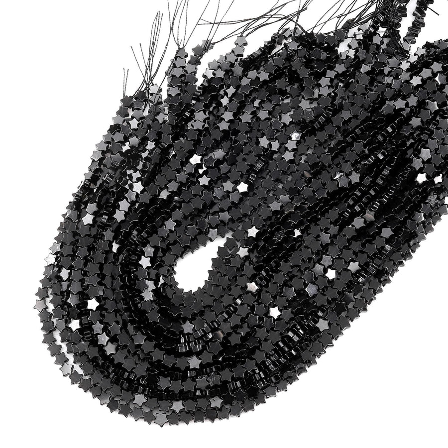 Natural Black Onyx Star Beads 6mm Carved Gemstone 15.5" Strand