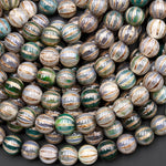 Tibetan Agate 8mm 10mm Round Beads Brown Dzi Agate Golden Green Melon Pumpkin Mala Antique Boho Beads 15.5" Strand