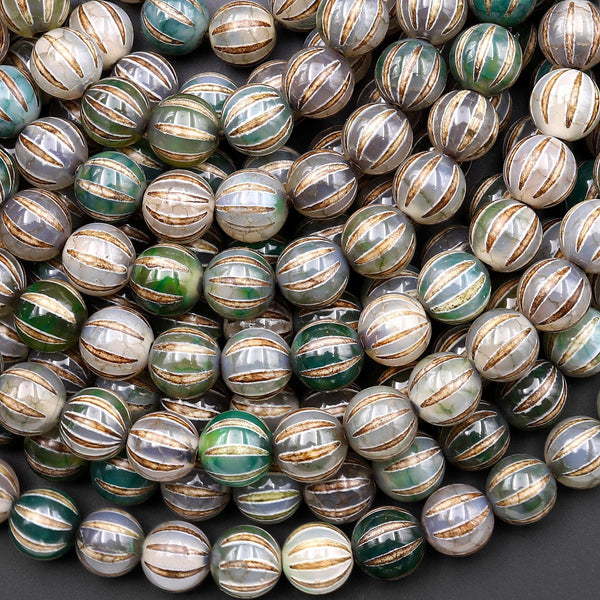 Tibetan Agate 8mm 10mm Round Beads Brown Dzi Agate Golden Green Melon Pumpkin Mala Antique Boho Beads 15.5" Strand