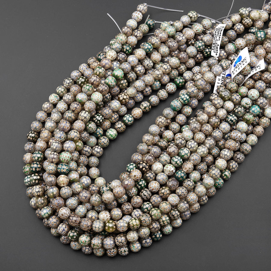 Tibetan Agate 8mm 10mm Round Beads Brown Dzi Agate Golden Green Cosmic Dots Mala Antique Boho Beads 15.5" Strand
