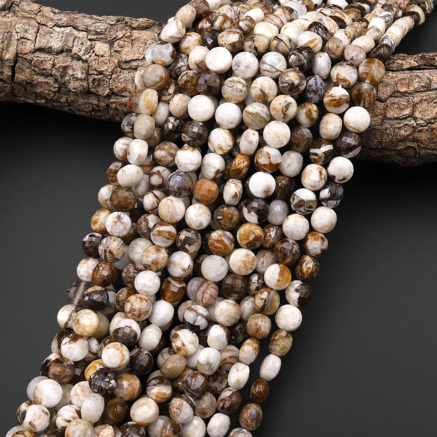 Faceted Natural Petrified Wooden Opal Coin Beads 8mm Earthy Beige Brown Yellow Gray Natural Stone 15.5" Strand