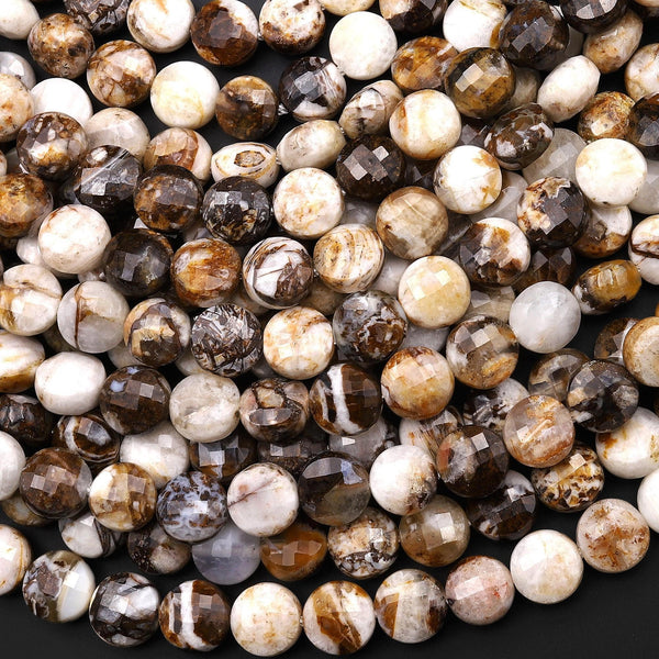 Faceted Natural Petrified Wooden Opal Coin Beads 8mm Earthy Beige Brown Yellow Gray Natural Stone 15.5" Strand