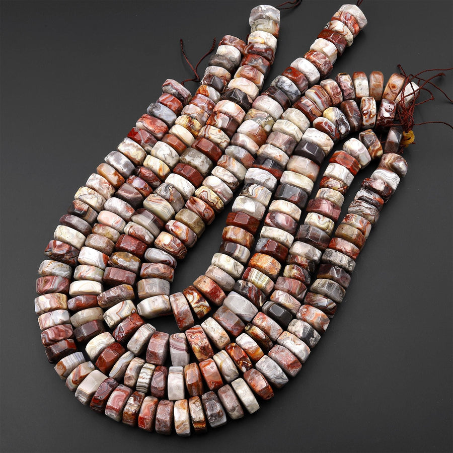 Rare Laguna Lace Agate Faceted Short Hexagon Cylinder Wheel Rondelle 16mm Beads 15.5" Strand