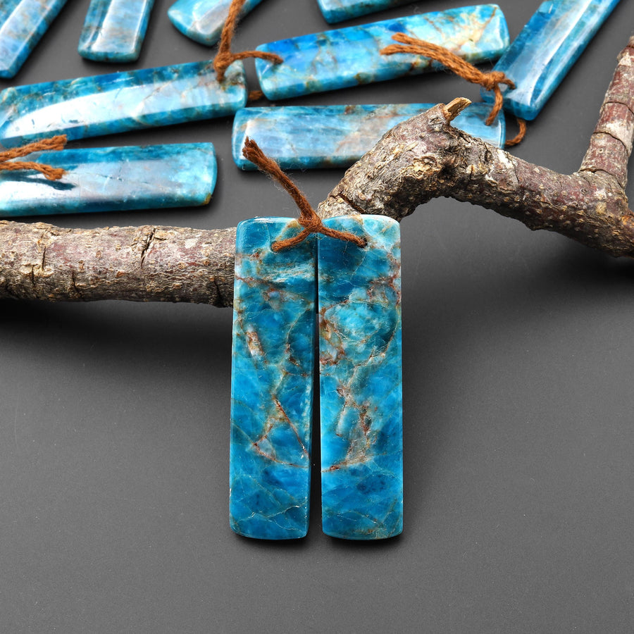 Natural Teal Blue Apatite Long Rectangle Earrings Drilled Matched Gemstone Beads Pair