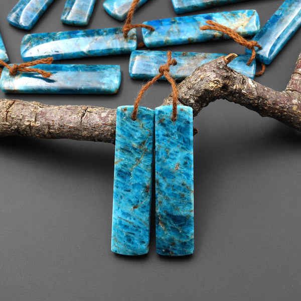 Natural Teal Blue Apatite Long Rectangle Earrings Drilled Matched Gemstone Beads Pair A4