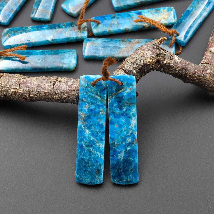Natural Teal Blue Apatite Long Rectangle Earrings Drilled Matched Gemstone Beads Pair A5