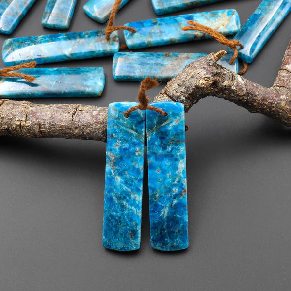Natural Teal Blue Apatite Long Rectangle Earrings Drilled Matched Gemstone Beads Pair A5