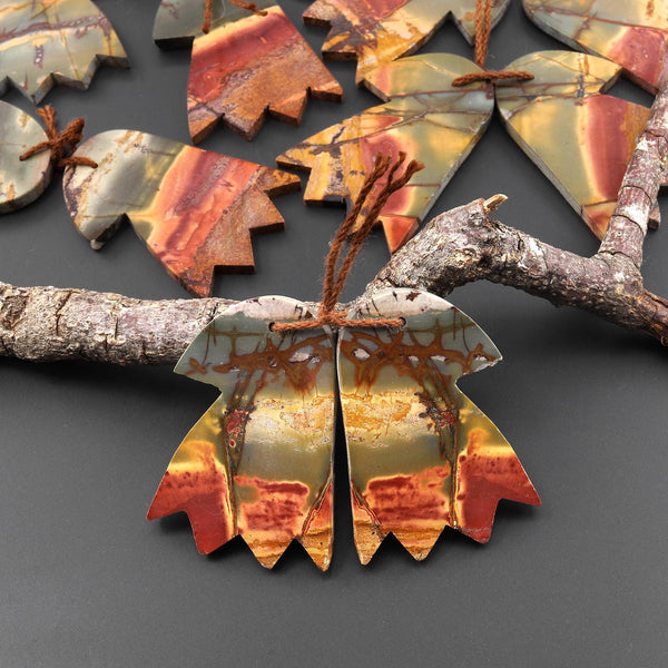 Carved American Eagle Natural Red Creek Jasper Earrings Drilled Matched Gemstone Bead Pair A1