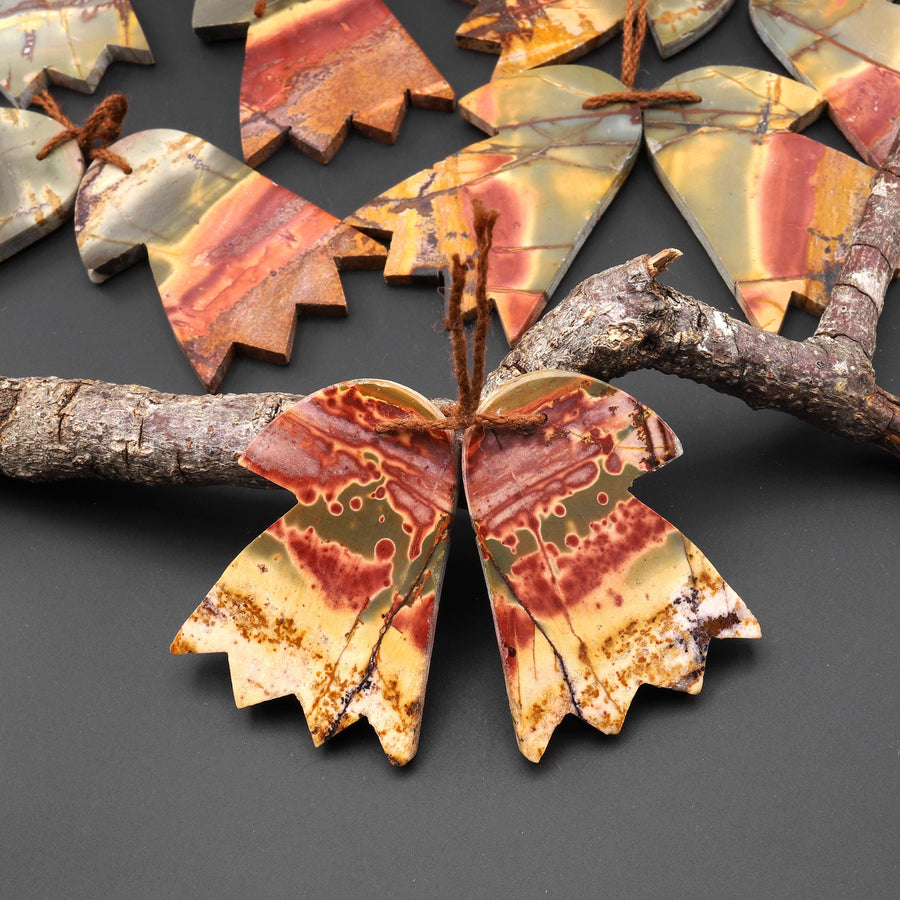 Carved American Eagle Natural Red Creek Jasper Earrings Drilled Matched Gemstone Bead Pair A6