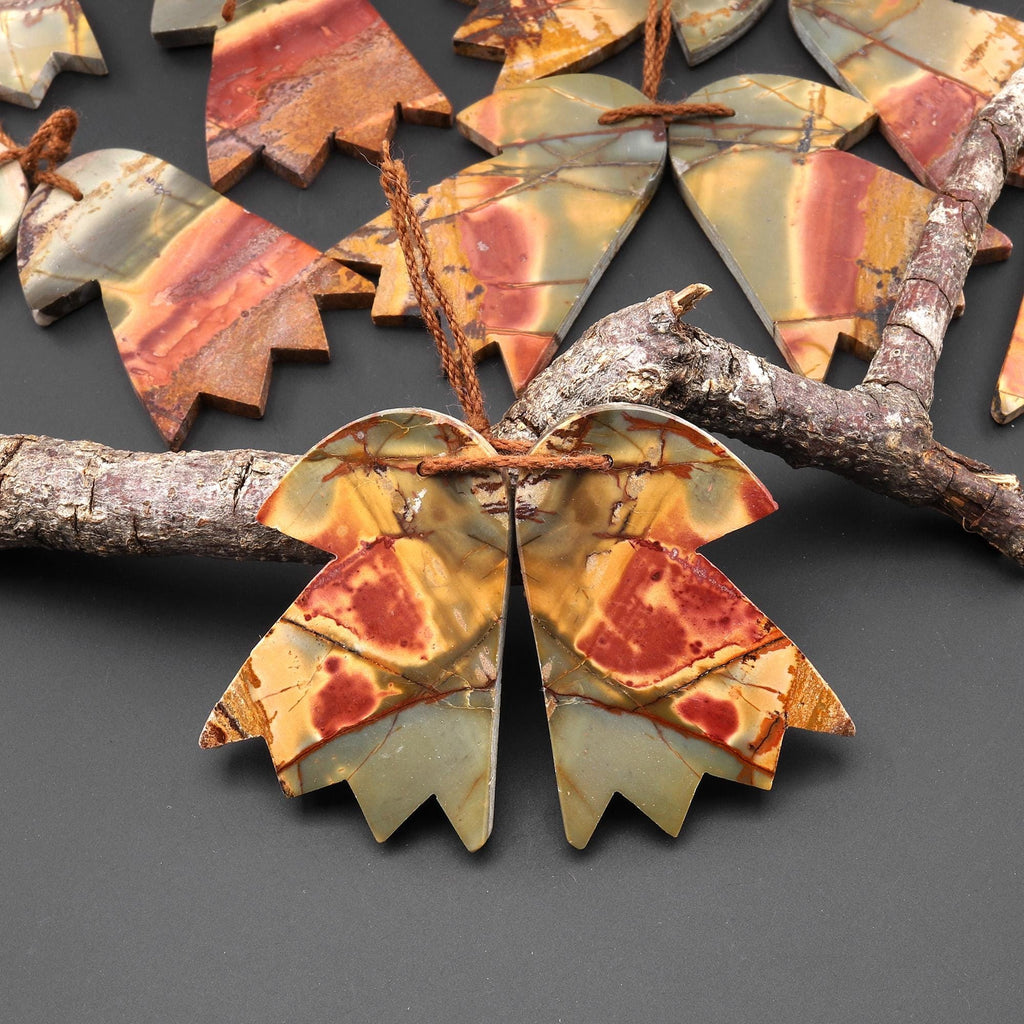 Carved American Eagle Natural Red Creek Jasper Earrings Drilled Matched Gemstone Bead Pair A7