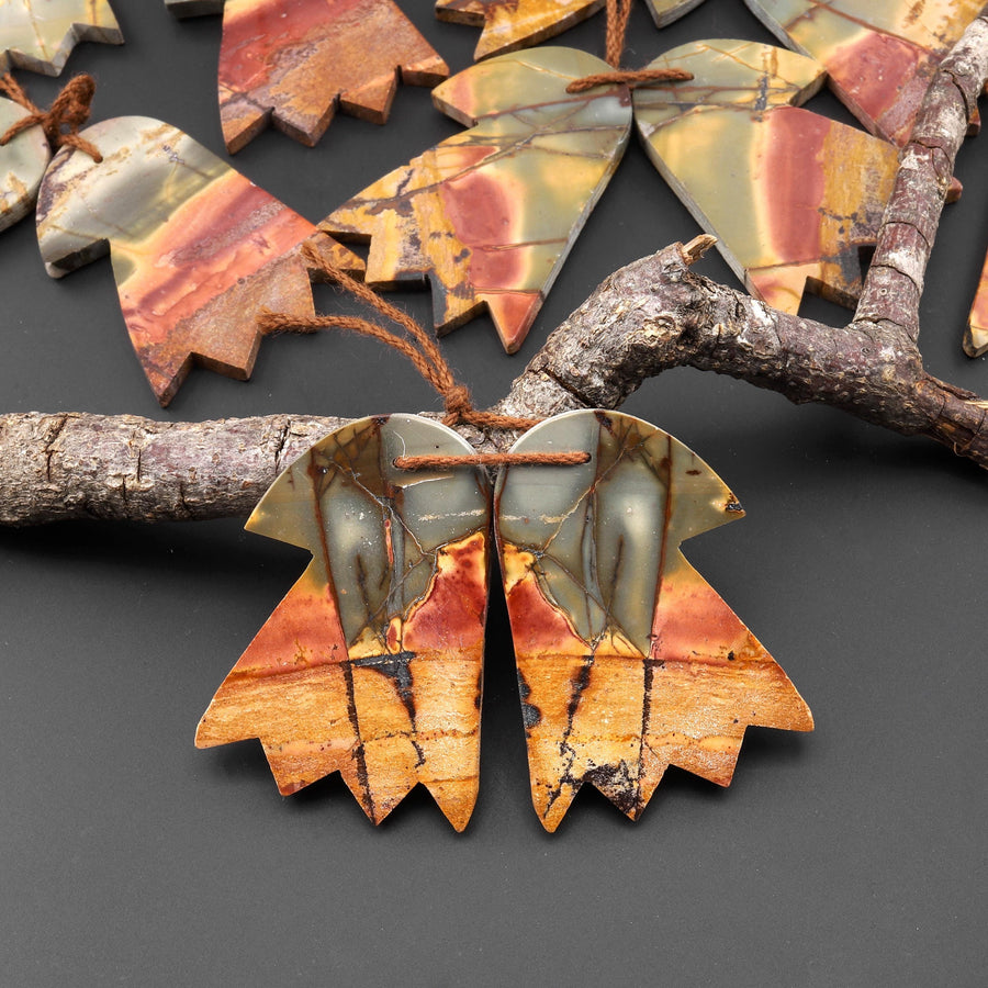 Carved American Eagle Natural Red Creek Jasper Earrings Drilled Matched Gemstone Bead Pair A8