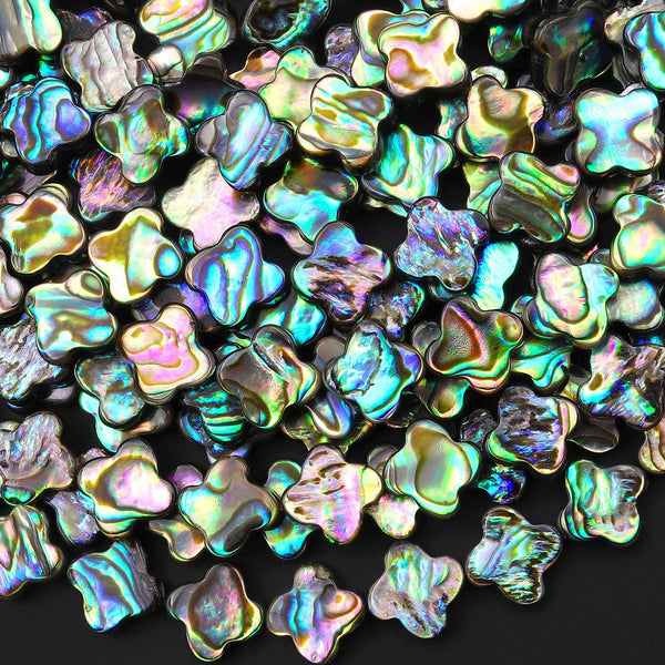 AAA Genuine Abalone Shell 10mm 12mm 4 Four Leaf Clover Beads Iridescent Rainbow flashes 15.5" Strand