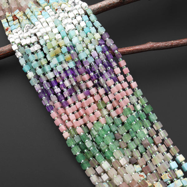 Multicolor Natural Gemstone 4mm Smooth Cube Beads Amethyst Amazonite Howlite Impression jasper Green Chalcedony Pink Opal 15.5" Strand