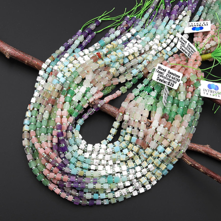 Multicolor Natural Gemstone 4mm Smooth Cube Beads Amethyst Amazonite Howlite Impression jasper Green Chalcedony Pink Opal 15.5" Strand