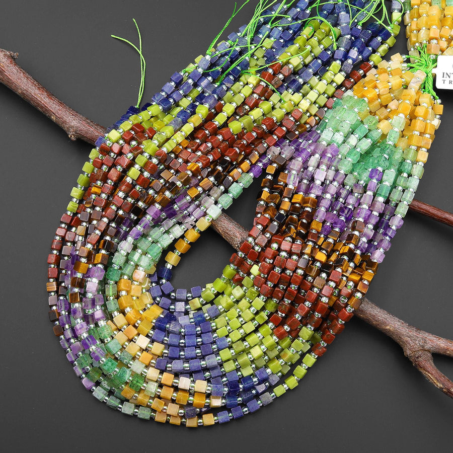 Multicolor Natural Gemstone 4mm Smooth Cube Beads Blue Aventurine Olive Jade Red Jasper Tiger's Eye Amethyst Green Chalcedony 15.5" Strand
