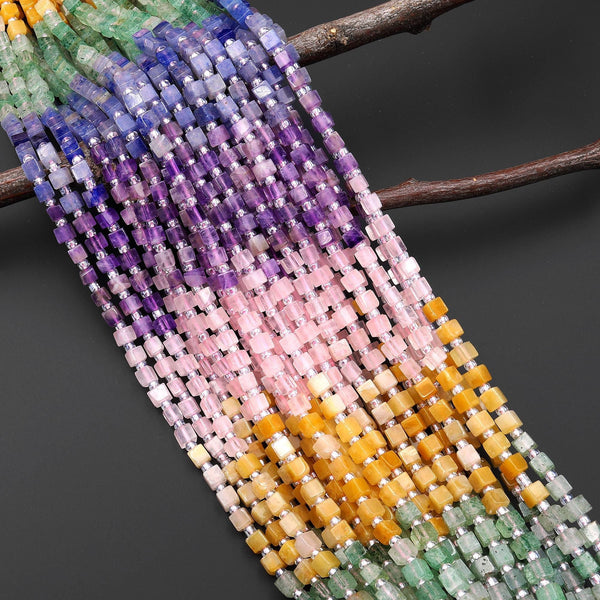 Multicolor Natural Gemstone 4mm Smooth Cube Beads Pink Rose Quartz Yellow Aventurine Green Chalcedony Blue Aventurine Amethyst 15.5" Strand
