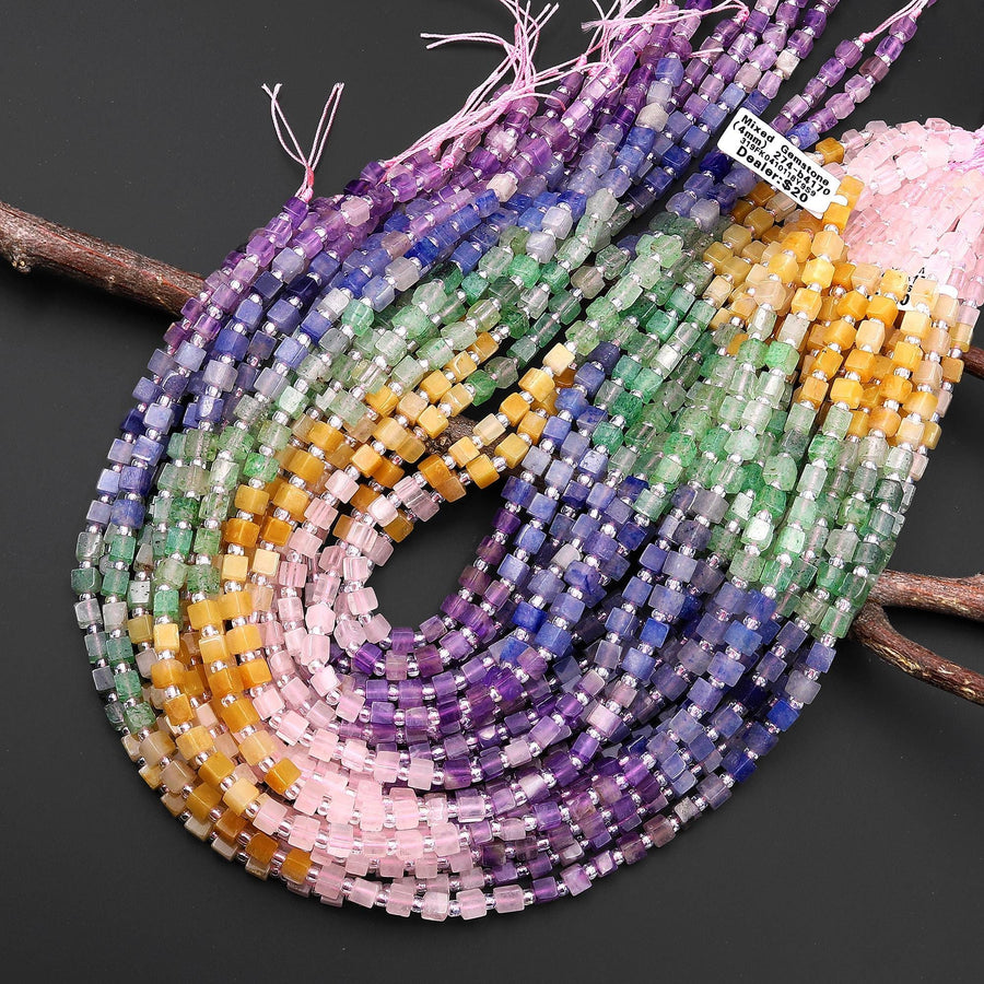 Multicolor Natural Gemstone 4mm Smooth Cube Beads Pink Rose Quartz Yellow Aventurine Green Chalcedony Blue Aventurine Amethyst 15.5" Strand