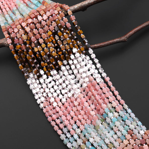 Multicolor Natural Gemstone 4mm Smooth Cube Beads Howlite Pink Opal Amazonite Rhodonite Tiger's Eye 15.5" Strand