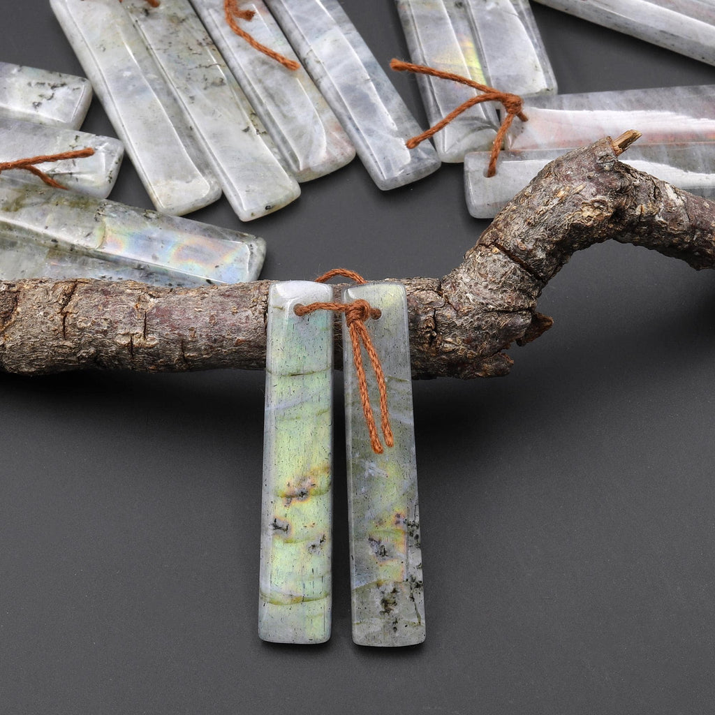 Natural Rainbow Labradorite Smooth Teardrop Earrings Drilled Matched Gemstone Bead Pair A2