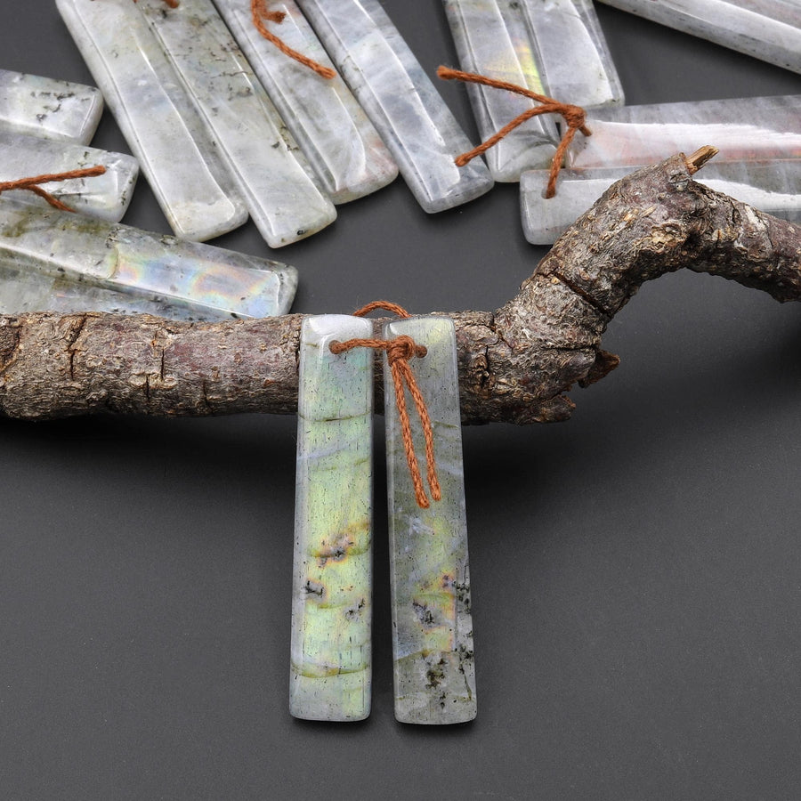 Natural Rainbow Labradorite Smooth Teardrop Earrings Drilled Matched Gemstone Bead Pair A2