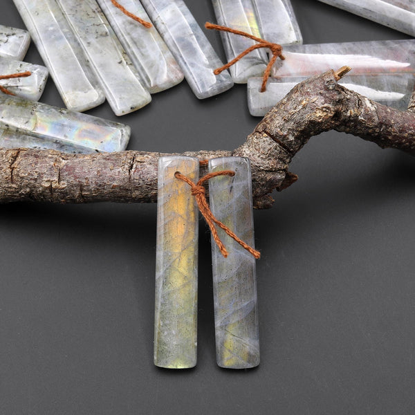 Natural Rainbow Labradorite Smooth Teardrop Earrings Drilled Matched Gemstone Bead Pair A3