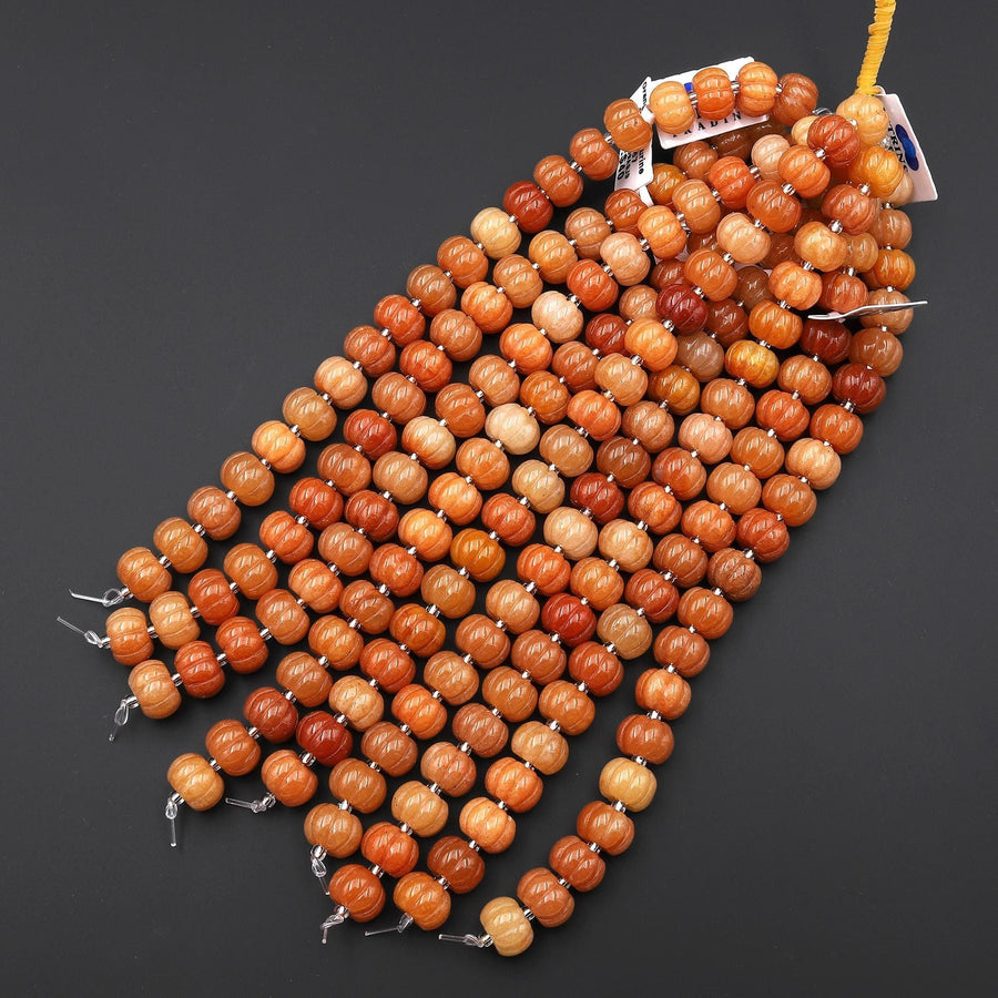 AAA Hand Carved Natural Orange Aventurine 12mm Pumpkin Melon Rondelle Beads 7.5" Strand