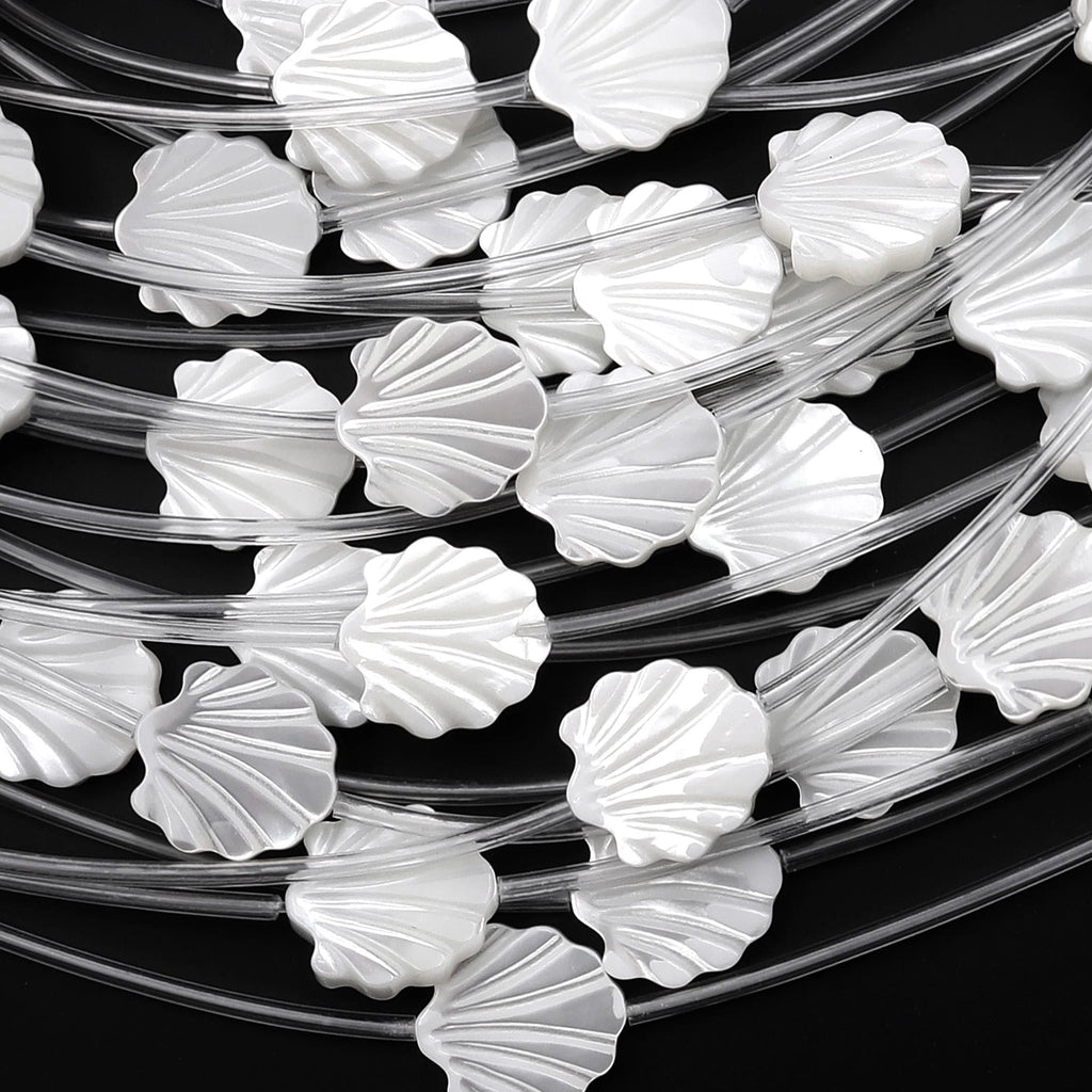 AAA Iridescent Hand Carved Natural White Mother of Pearl Clamshell Beads Strand