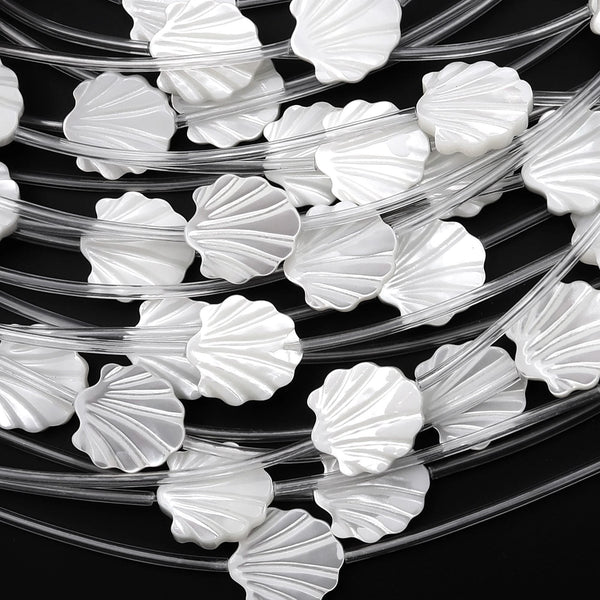 AAA Iridescent Hand Carved Natural White Mother of Pearl Clamshell Beads Strand