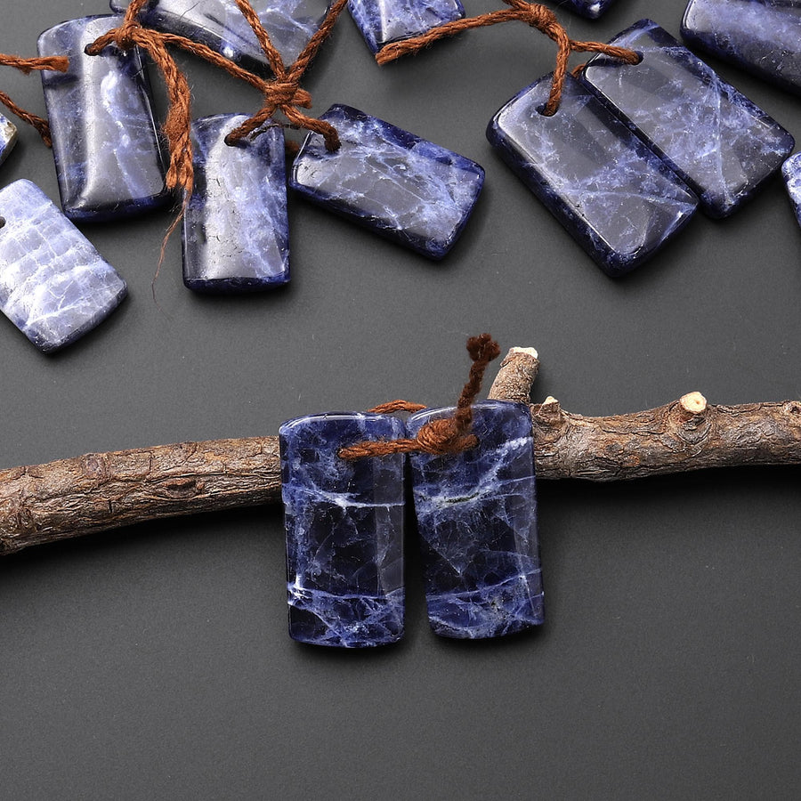 Natural Blue Sodalite Short Rectangle Earrings Drilled Matched Gemstone Bead Pair