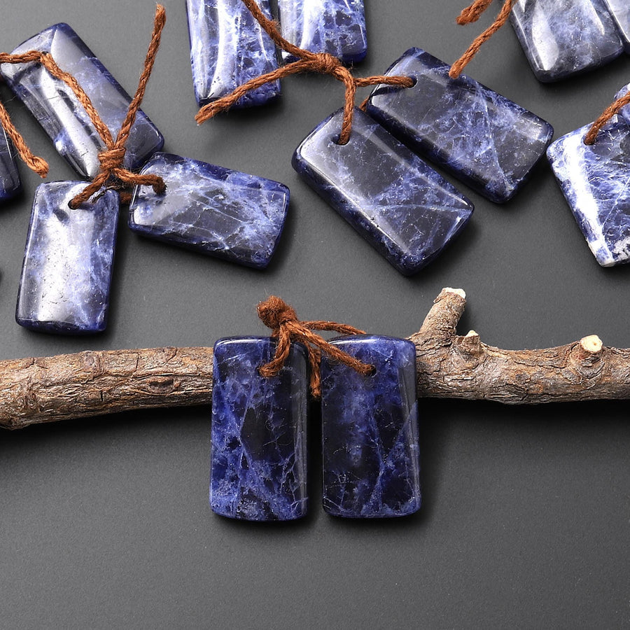 Natural Blue Sodalite Short Rectangle Earrings Drilled Matched Gemstone Bead Pair