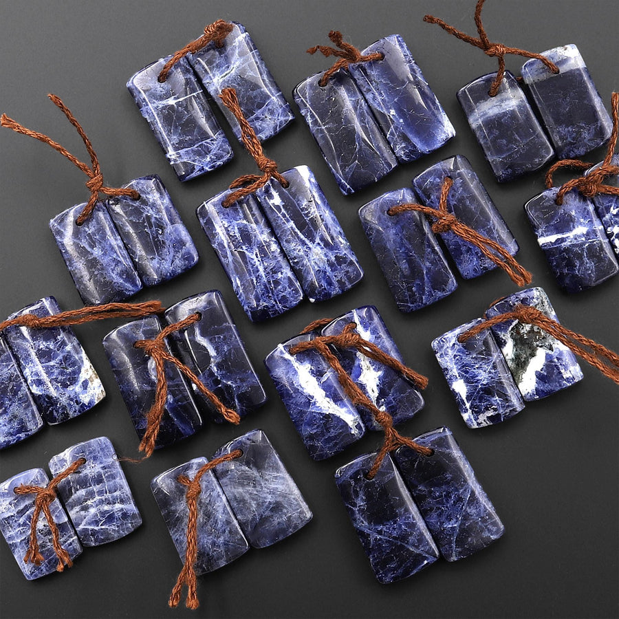 Natural Blue Sodalite Short Rectangle Earrings Drilled Matched Gemstone Bead Pair