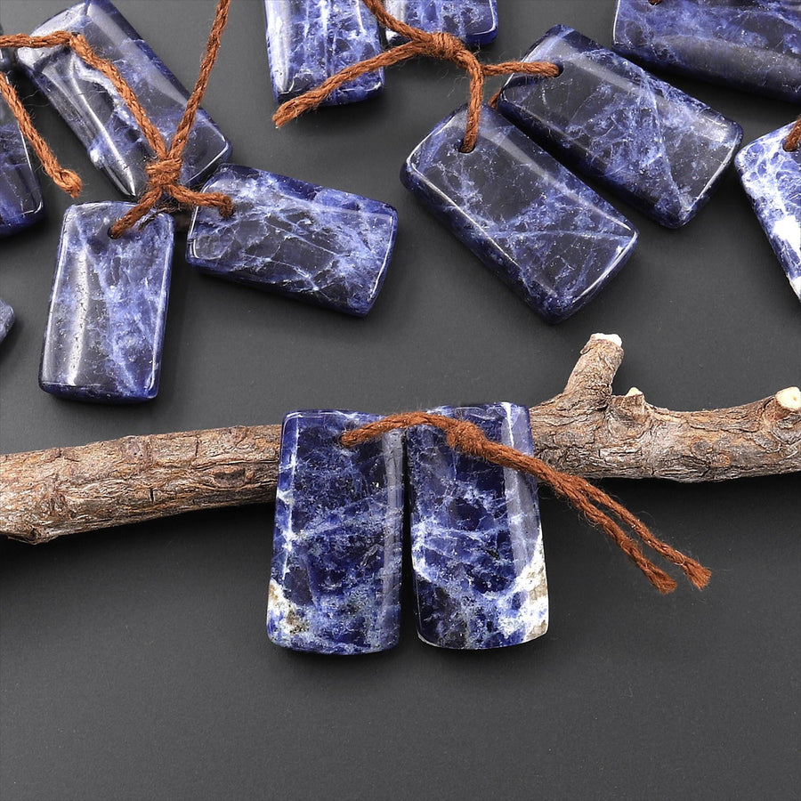 Natural Blue Sodalite Short Rectangle Earrings Drilled Matched Gemstone Bead Pair