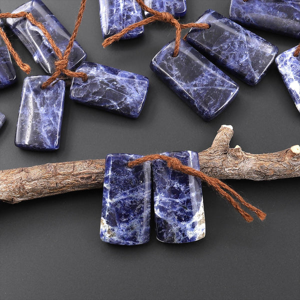 Natural Blue Sodalite Short Rectangle Earrings Drilled Matched Gemstone Bead Pair
