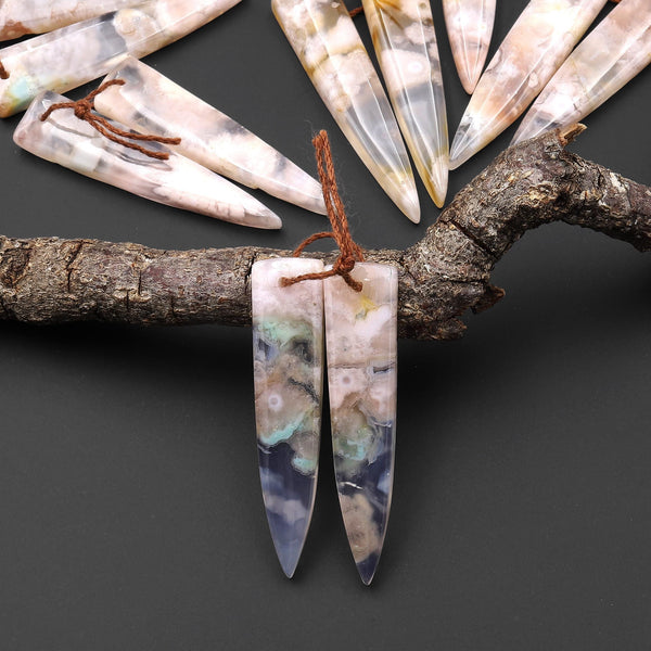 Natural Cherry Blossom Agate Earring Pair Drilled Matched Dagger Triangle Gemstone Bead Pair Aka Flower Agate A7