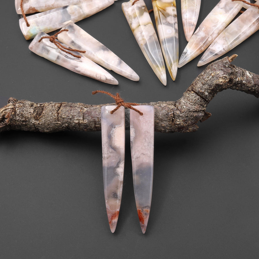 Natural Cherry Blossom Agate Earring Pair Drilled Matched Dagger Triangle Gemstone Bead Pair Aka Flower Agate A44