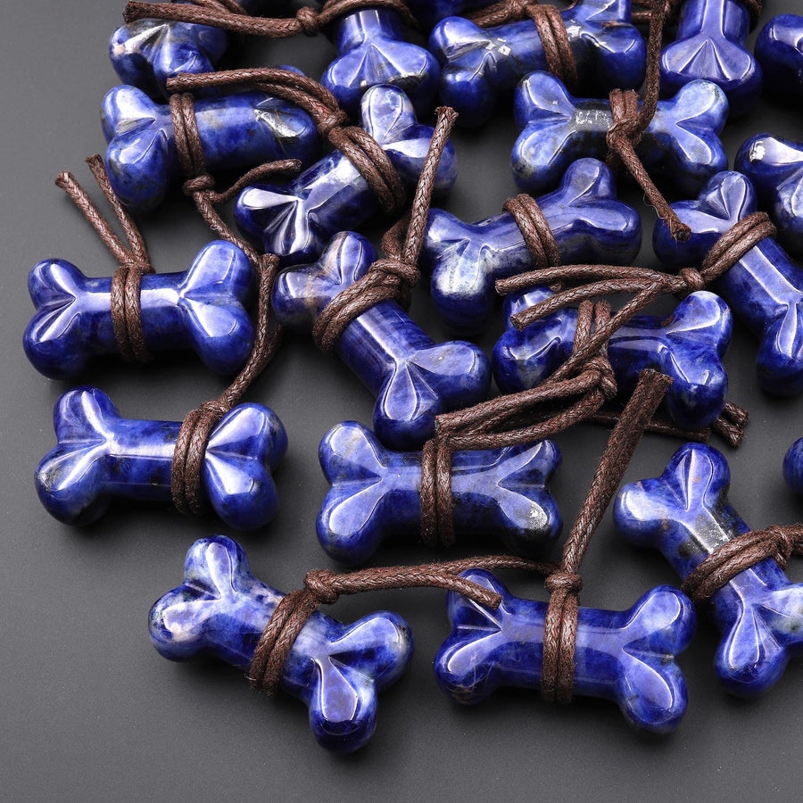 Carved Natural Blue Sodalite Dog Bone Home decoration Crystal Carvings Healing Palm Pocket Stone Gifts