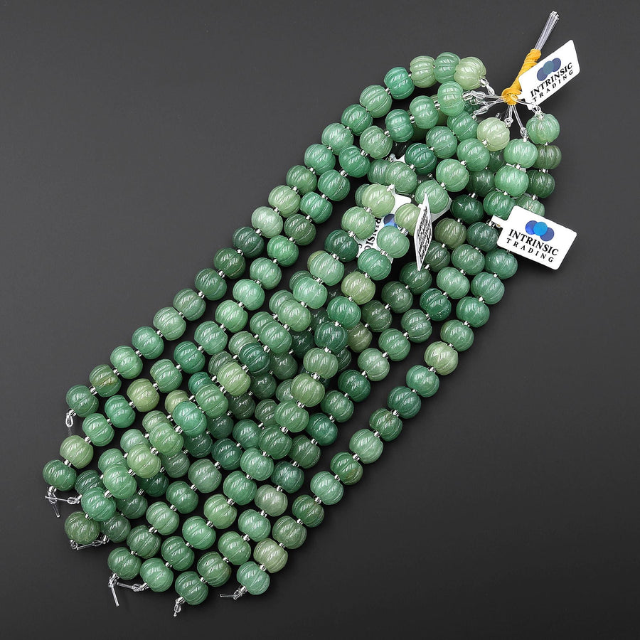 AAA Hand Carved Natural Green Aventurine 12mm Pumpkin Melon Rondelle Beads 7.5" Strand
