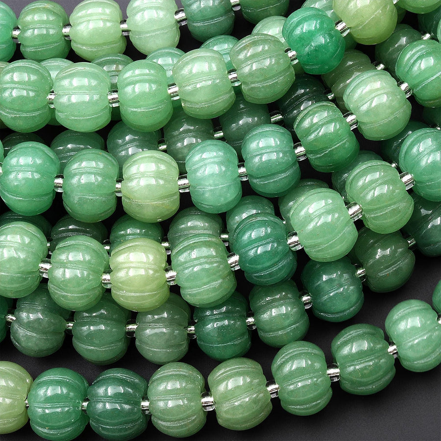 AAA Hand Carved Natural Green Aventurine 12mm Pumpkin Melon Rondelle Beads 7.5" Strand